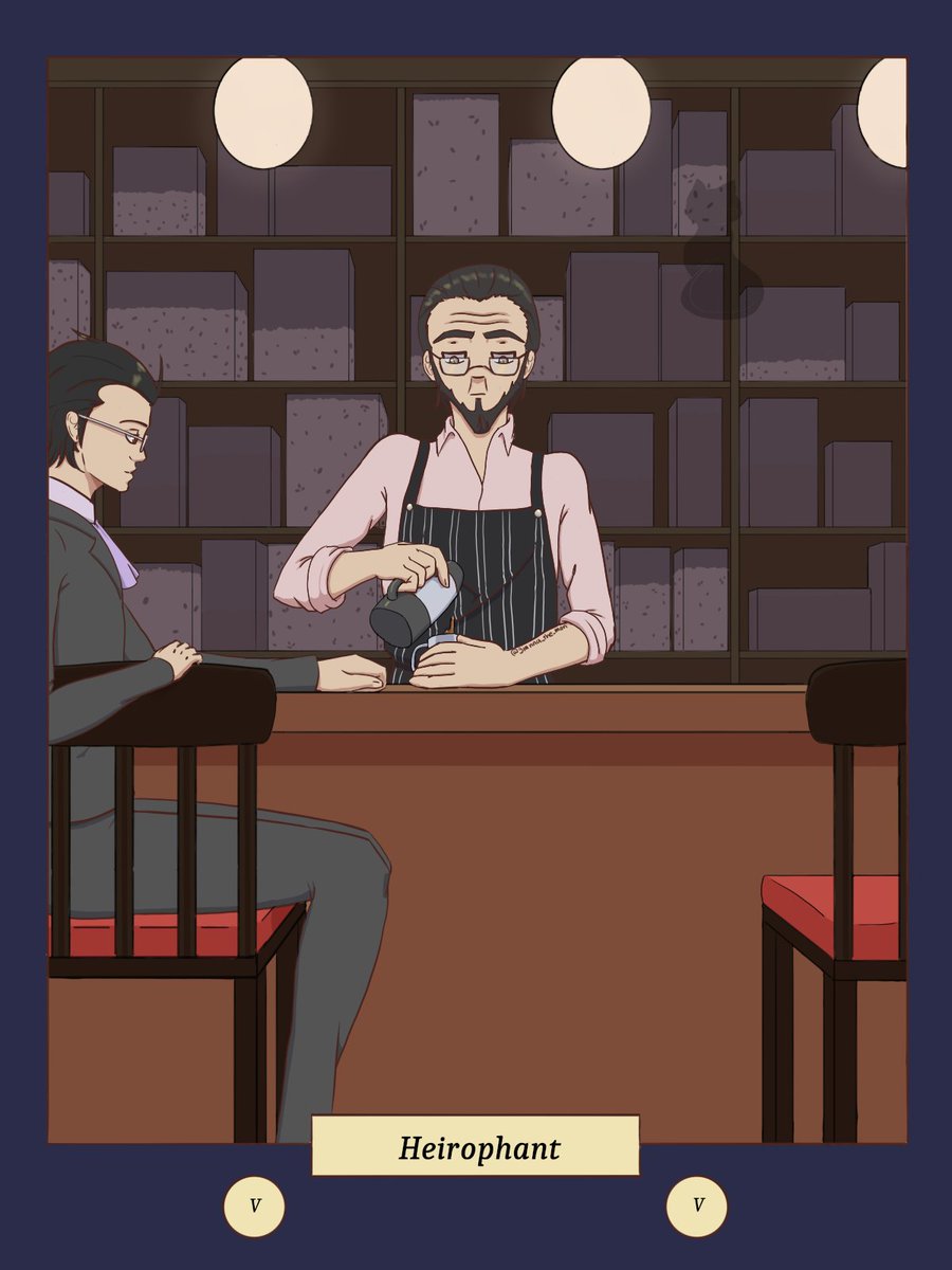 Sojiro's not my favorite, but I enjoyed crossing him over with Nanjo since they're both heirophants. But, I was a bit more focused on the setting. I may have failed lol. #fanart #SojiroSakura #tarot #heirophant #persona #KeiNanjo #art #persona1 #persona5 #tarotart #persona5royal