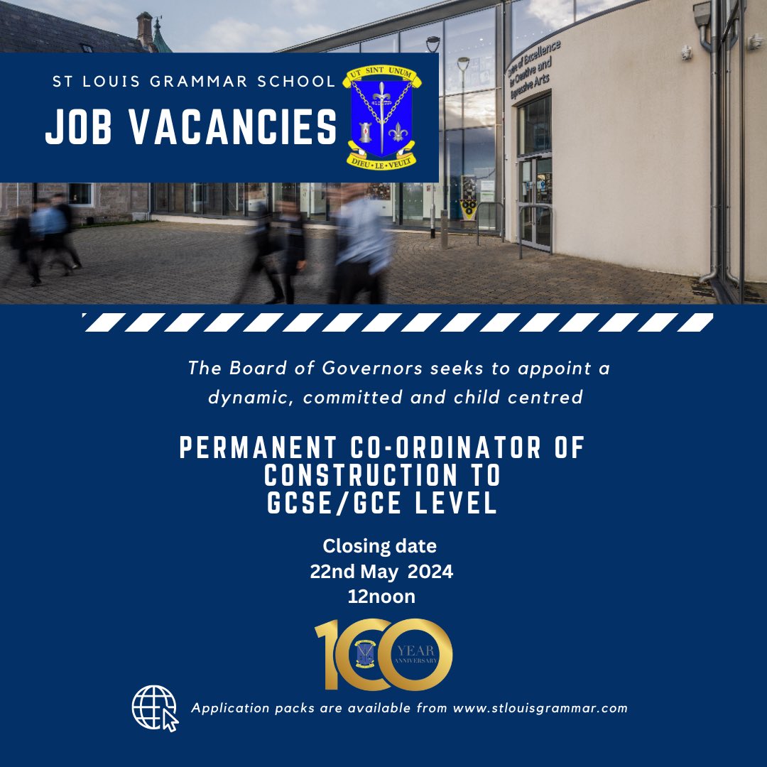 📢 Job Opportunity: Permanent Co-Ordinator of Construction to GCSE/GCE Level 📚 🔵 Ability to teach Engineering desirable For more information, please see ⬇️ stlouisgrammar.com/jobs #JobOpportunity