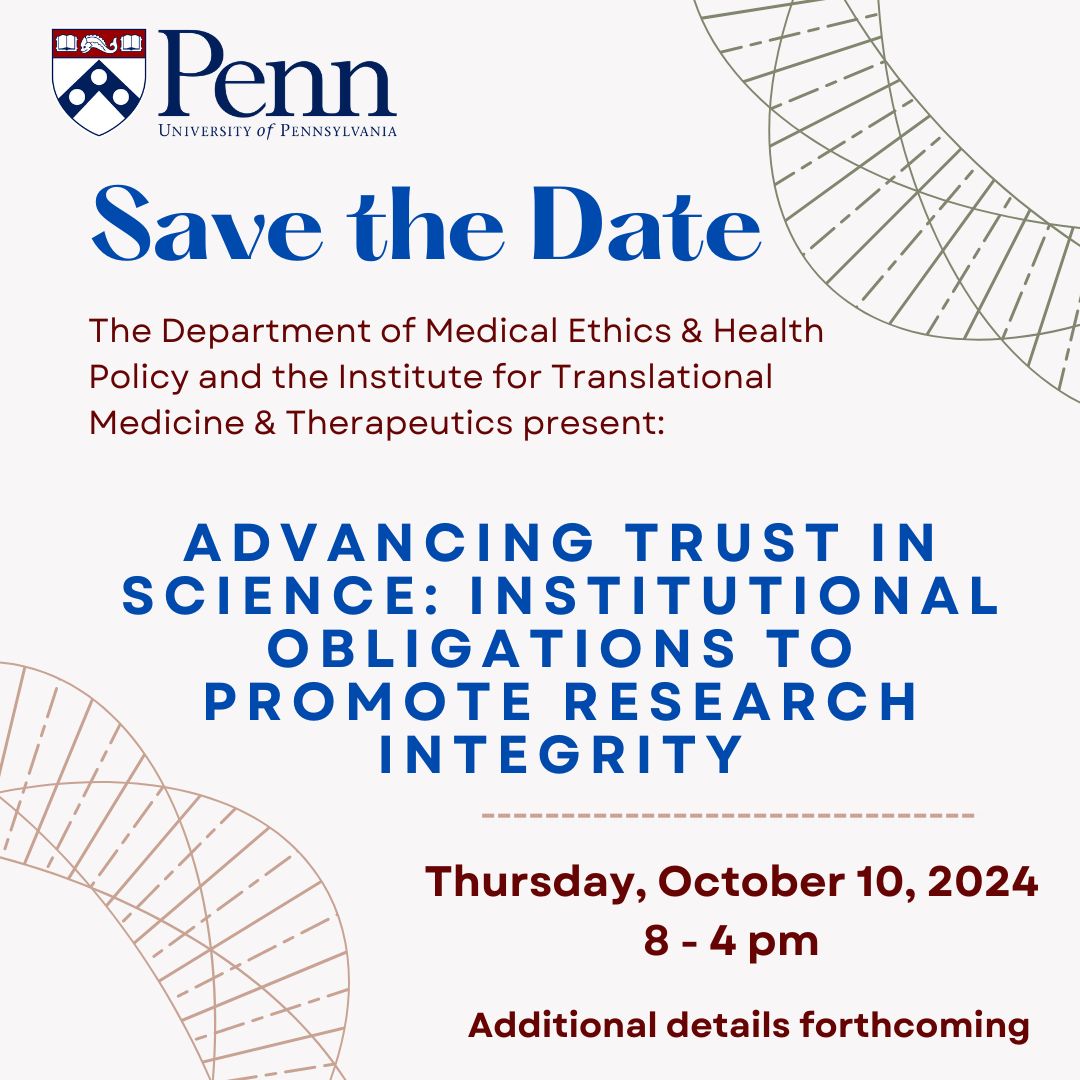 Please save the date! The papers from this terrific event will be published in @JLME_ASLME! @ASLMENews @aslme_events @HollyLynchez @SteveJoffe @PennMEHP @Penn