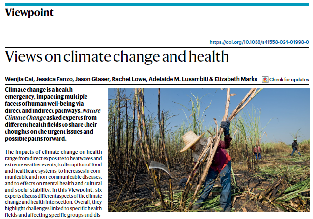 Our climate change and health Viewpoint highlights issues across fields including mental health, labour, disease spread, maternal & neonatal health, air quality and nutrition, while advocating for collaboration across disciplines, sectors and geography go.nature.com/3WTGDgn