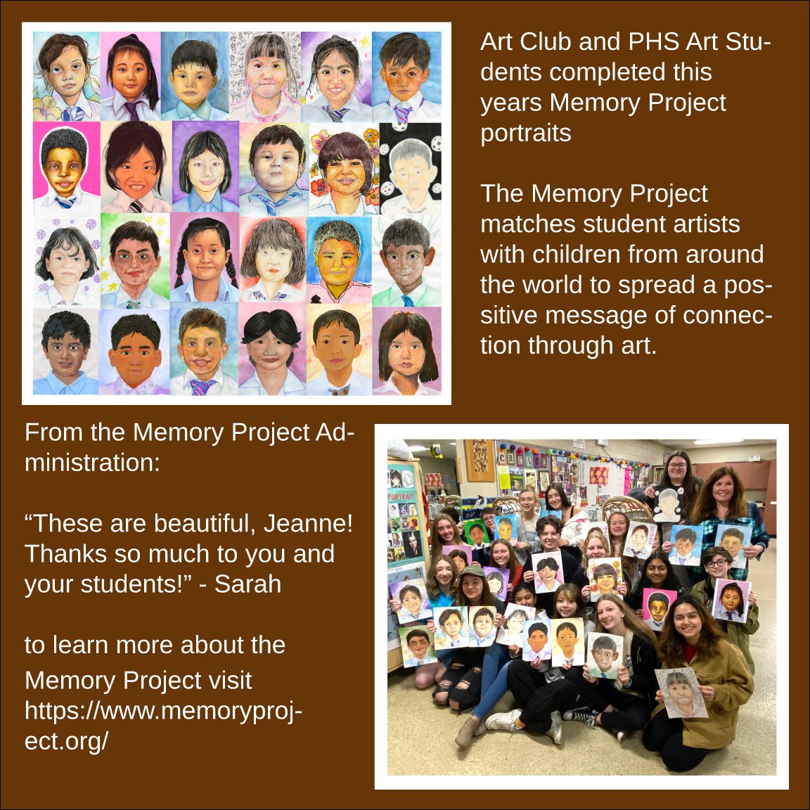 @PewaukeeHS  Art Club &Art Ss combined to create portraits for The Memory Project 2024.  This year we were matched with children from Malaysia. We completed 25 portraits donating our time and talents to the project. #thememoryproject #artsed #K12ArtChat #fabartsfri