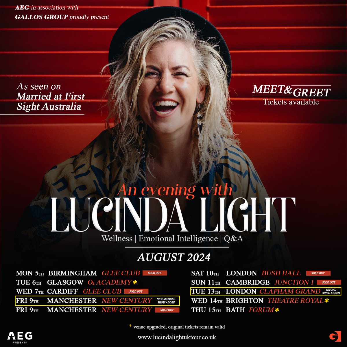 VENUE UPGRADES DUE TO PHENOMENAL DEMAND! Lucinda Light | UK TOUR August 2024 aegp.uk/Lucinda24