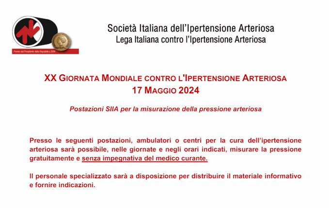 È disponibile l’elenco, in continuo aggiornamento, delle postazioni SIIA per la misurazione della pressione arteriosa in occasione della XX Giornata Mondiale.
siia.it/giornata-mondi…