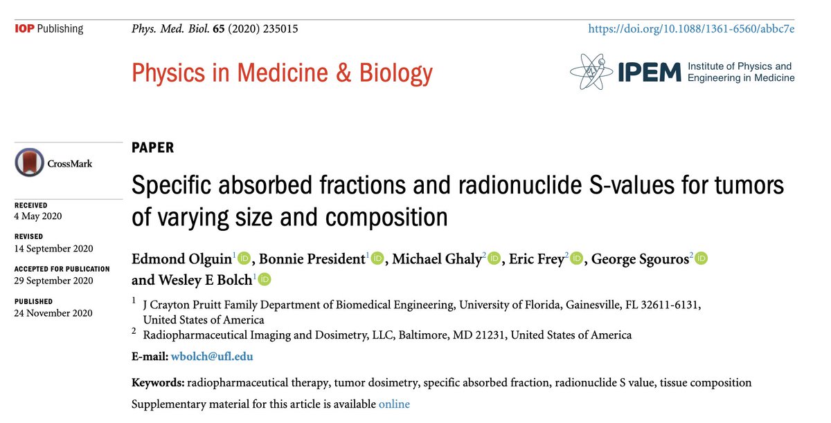 ArmanRahmim's tweet photo. Nice paper: "Specific absorbed fractions &amp; radionuclide S-values for tumors of varying size &amp; composition"; Olguin et al.:
https://t.co/5uq82X2UVX
e.g. in Table 7C, they show that S-values for Lu-177 as a function of sphere radius (r) scales by A*r^(-2.96).
#PMB @IOPPublishing https://t.co/d1iwYzLlIf