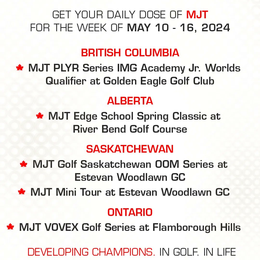 Get ready to tee off with your #WeeklyUpdate! 
🌟 Join us for an exciting week on the MJT circuit:

📍 MJT PLYR Series IMG Junior World Golf Championships Qualifier at <a href="/GoldenEagleGolf/">GoldenEagleGolfClub</a>, <a href="/PittMeadowsGolf/">Pitt Meadows Golf Club</a>, BC, May 11-12 
📍 MJT <a href="/edgeschool/">Edge School</a> Golf Spring Classic at <a href="/RiverBendGRA/">River Bend G&RA</a>, Red