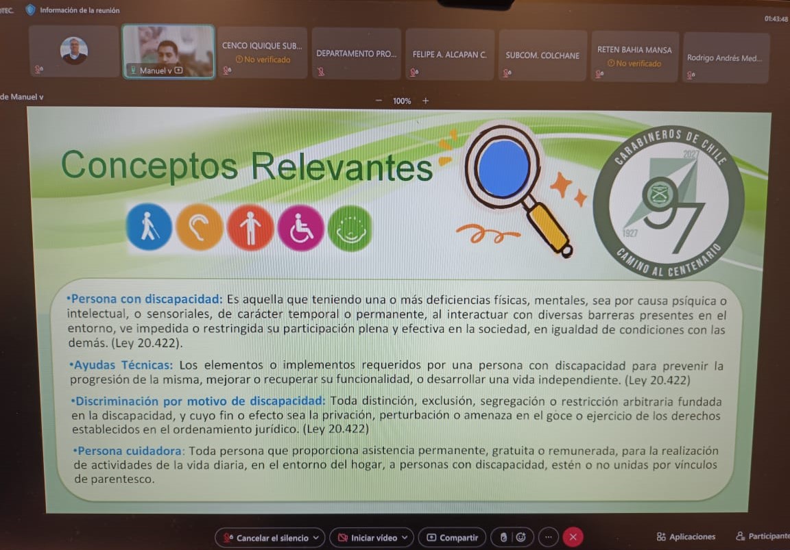 La @CarabDDHHyFam por medio de su Dpto. de Protección de la Familia y Grupos Vulnerables, realiza importante capacitación telemática sobre “Discapacidad y su Vinculación con la Función Policial”, a más de 1000 funcionarios de @Carabdechile de todo el país. #CarabinerosDeTodos