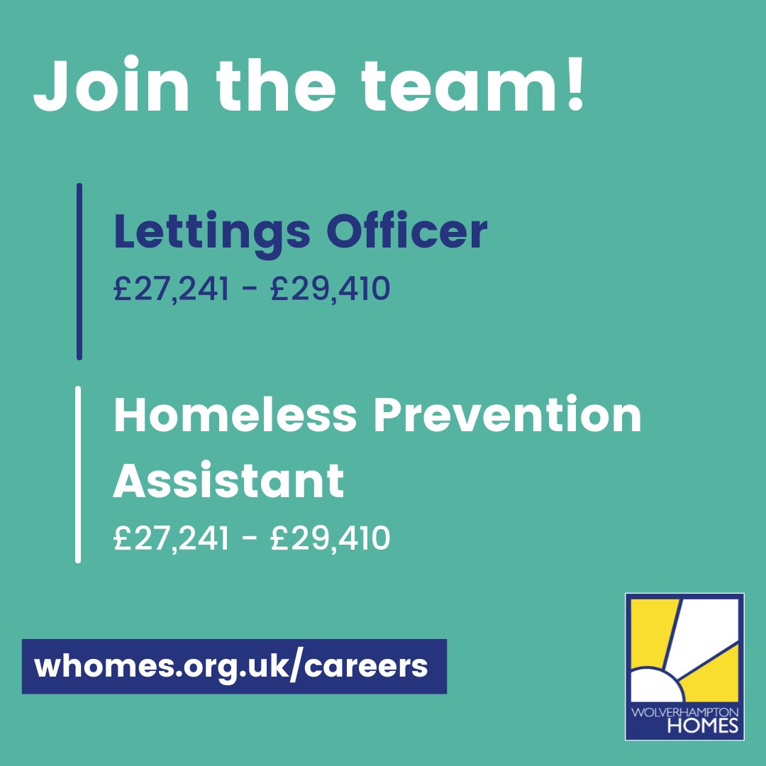 Job Alert – New Opportunities 📢

Lettings Officer - £27,241 - £29,410

Homeless Prevention Assistant - £27,241 - £29,410

To apply or learn more, please visit:
wolverhamptonhomes.org.uk/about-us/work-…
#jobs #careers #vacancies