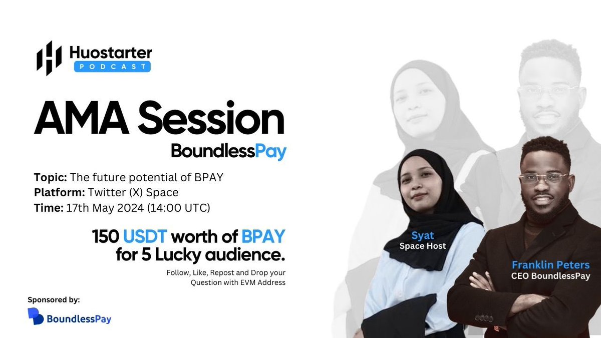 Get ready for an exciting AMA session with @bpay_token hosted by Huostarter. BPAY is the utility token for @boundlesspay. Oops! We don't want to spill the tea. Ask the CEO directly for more details. Set reminder: x.com/i/spaces/1dxxy… Drop your question along with your