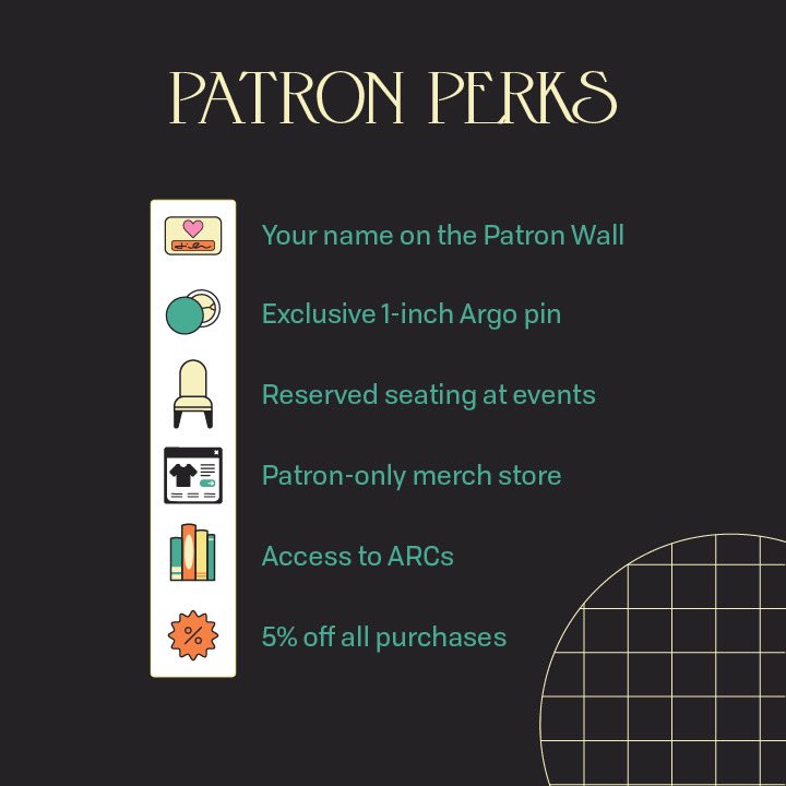 The core tier for our #ArgoPatronDrive is ARGONAUT - if you can give $100 to the store, you unlock a year's worth of rewards like reserved seating at events, discounts on your purchases, free ARCs, an Argo pin, and more! Full details at fnd.us/argodrive2024 #shoplocal