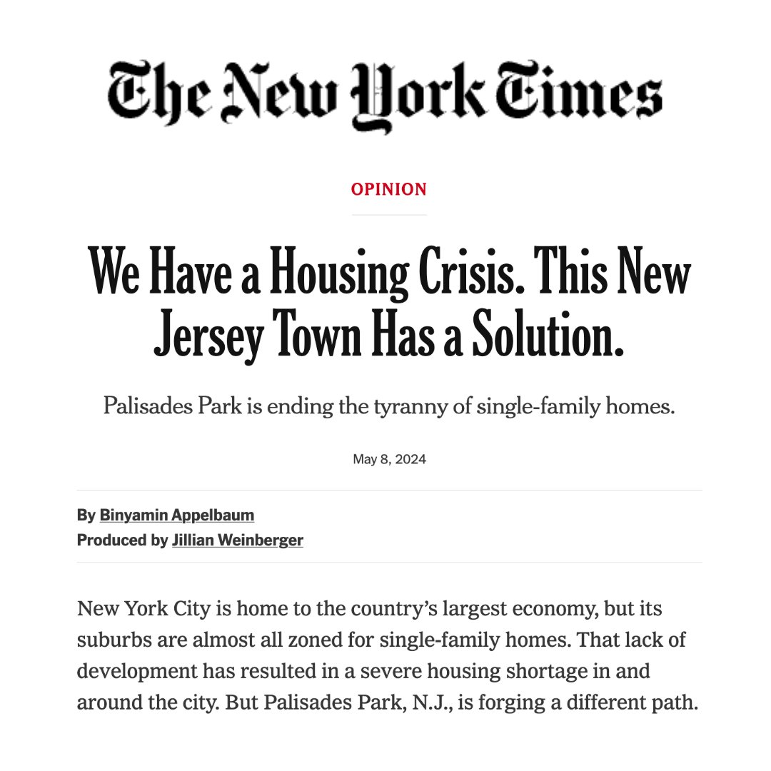 Great Read! We Have a Housing Crisis. This New Jersey Town Has a Solution. Binyamin Applebaum’s audio essay explains what Palisades Park is doing and how it works.
tinyurl.com/NYT-NJ-Housing… (check audio)

#housing #housingcrisis #palisades #housingsolutions