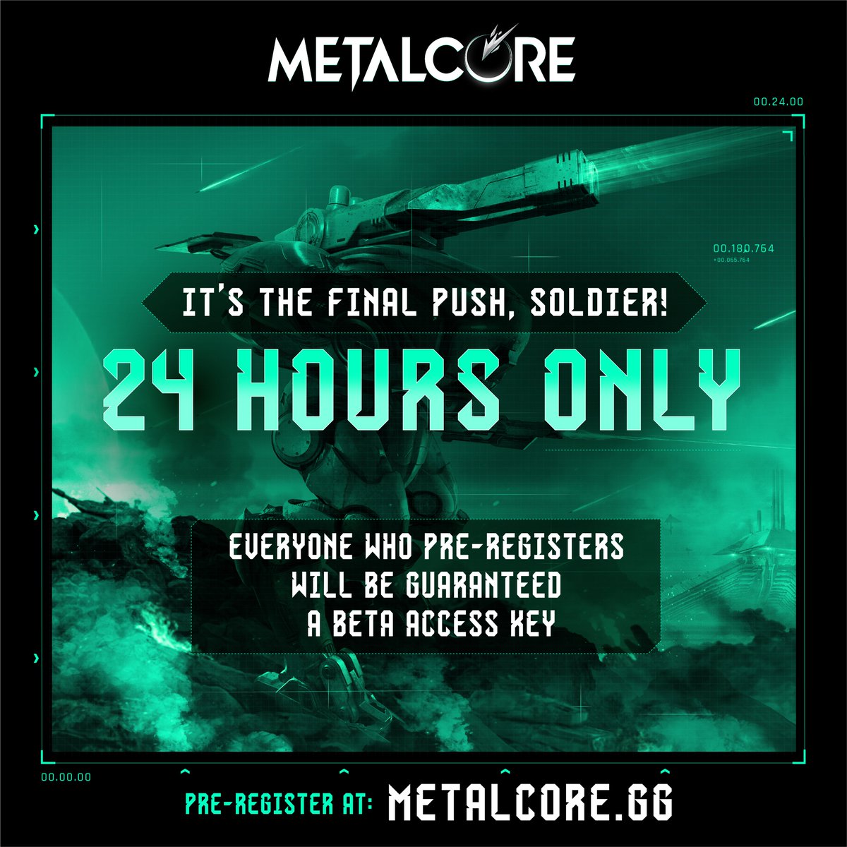 🦾 It’s the FINAL PUSH, Soldier! ⏰ For 24 HOURS only, everyone who pre-registers will be GUARANTEED a beta access key. More Marks. More $MCG. ➡️ Pre-register NOW at metalcore.gg