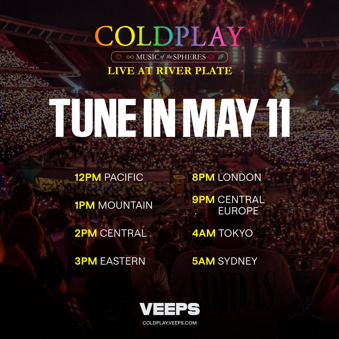 Join the global online premiere of @Coldplay’s Music Of The Spheres World Tour: Live at River Plate streaming on VEEPS tomorrow, May 11th. Featuring special guests @HERMusicx and Jin of @bts_bighit veeps.events/coldplay-music…