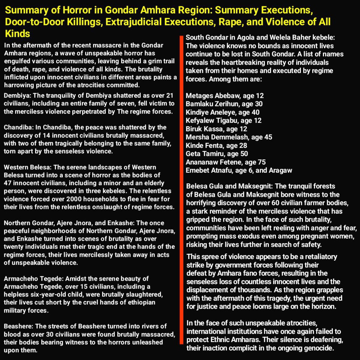 Summary of Horror in Gondar Amhara Region: Summary Executions, Door-to-Door Killings, Extrajudicial Executions, Rape, and Violence of All Kinds

In the aftermath of the recent massacre in the Gondar Amhara regions, a wave of unspeakable horror has engulfed various communities,
