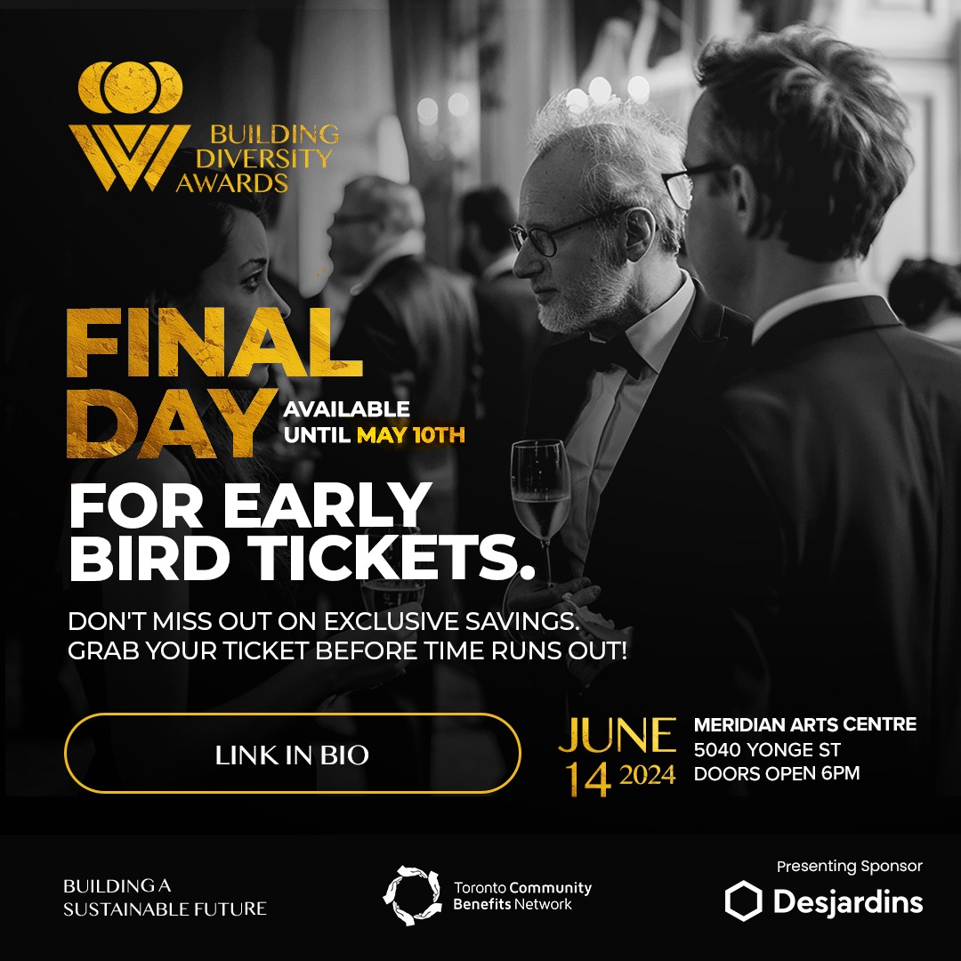FINAL DAY FOR EARLY BIRD TICKETS!

Join us in celebrating diversity, equity and inclusivity in the construction industry across Canada.

Early bird tickets at buildingdiversity.communitybenefits.ca/tickets

#BuildingDiversityAwards2024 #mentorship #diversityandinclusion #CommunityBenefits