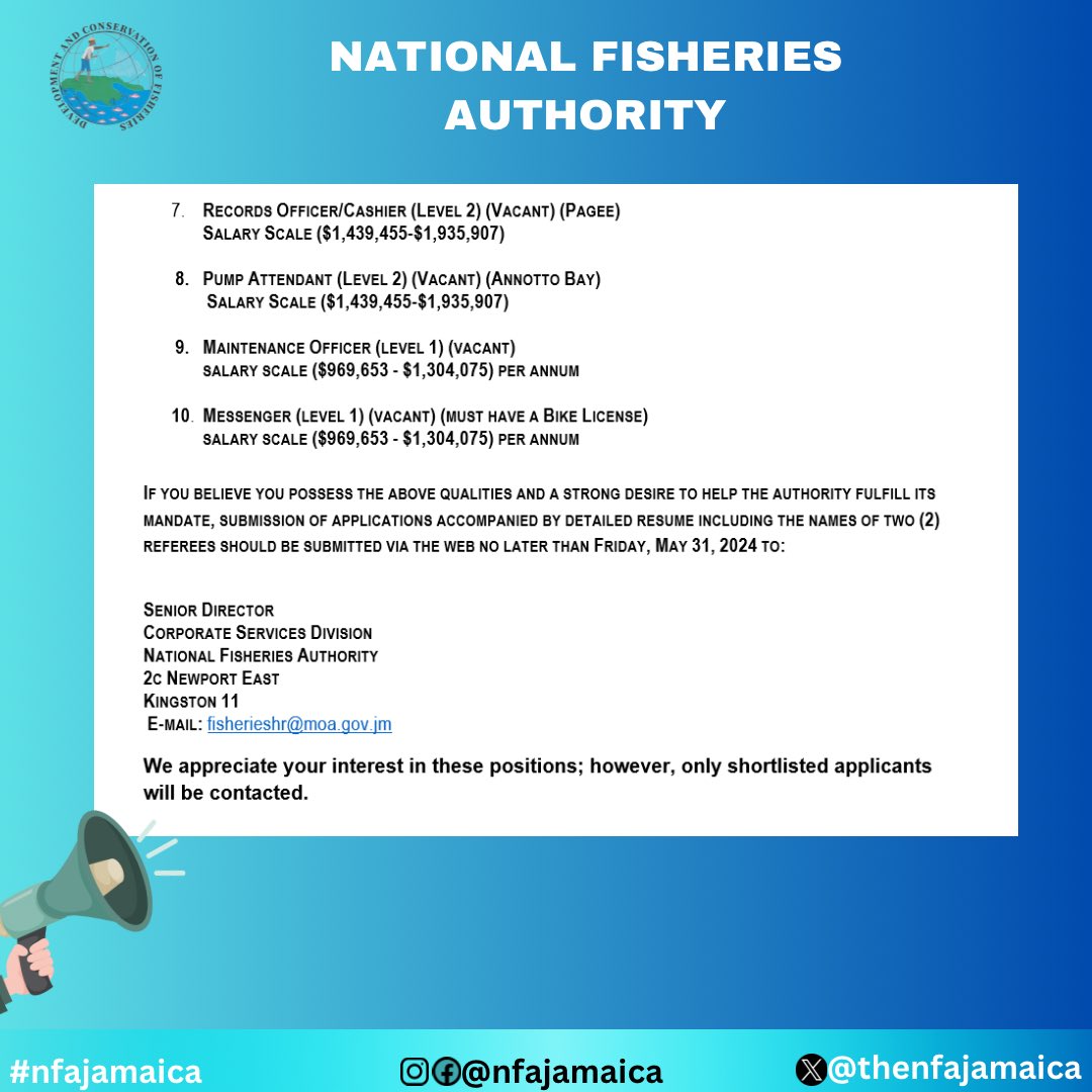 WE’RE HIRING 🗣️

SHARE THIS POST AND TELL A FRIEND TO TELL A FRIEND ‼️

We are inviting applications from suitably qualified and experienced individuals to fill this position. 
.
.
#teamnfa #nfajamaica #workworkworkworkwork #fisheries   #jobseekers #employmentopportunities