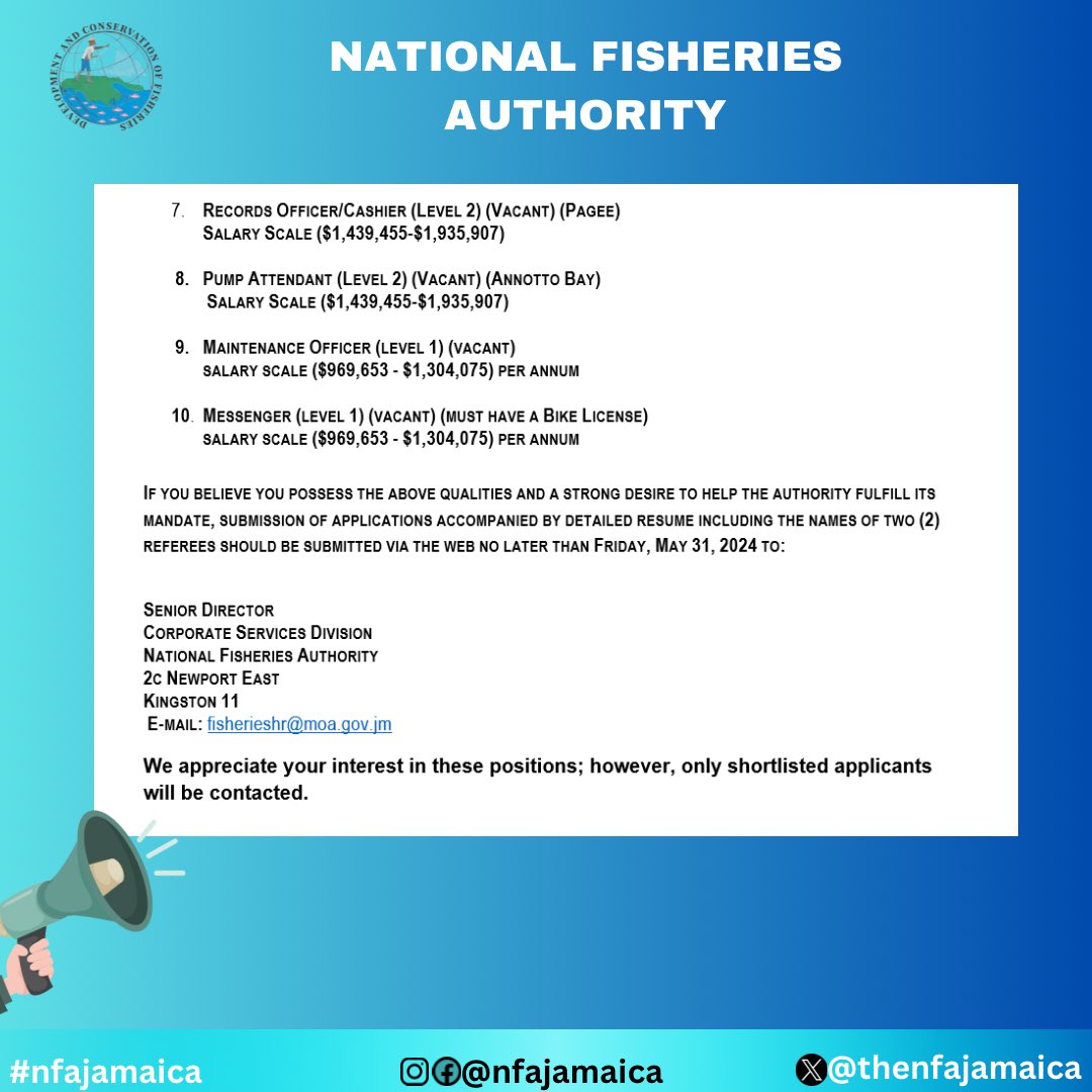 thenfajamaica's tweet photo. WE’RE HIRING 🗣️
SHARE THIS POST AND TELL A FRIEND TO TELL A FRIEND ‼️
We are inviting applications from suitably qualified and experienced individuals to fill this position.
.
.
#teamnfa #nfajamaica #workworkworkworkwork #fisheries #jobseekers #employmentopportunities https://t.co/ybXNv6CS8Y