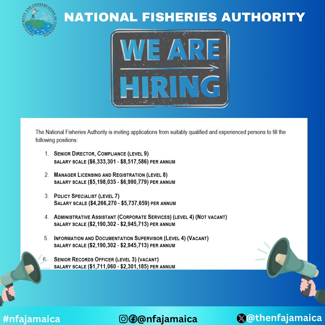 thenfajamaica's tweet photo. WE’RE HIRING 🗣️
SHARE THIS POST AND TELL A FRIEND TO TELL A FRIEND ‼️
We are inviting applications from suitably qualified and experienced individuals to fill this position.
.
.
#teamnfa #nfajamaica #workworkworkworkwork #fisheries #jobseekers #employmentopportunities https://t.co/ybXNv6CS8Y