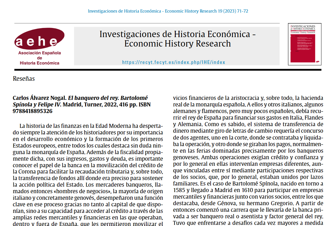 ¿Quieres saber más sobre Bartolomé Spínola? En nuestro #IHE_EHR vol. 20 (1) tenemos una reseña muy🔝
"Carlos Álvarez Nogal. El banquero del rey. Bartolomé Spínola y Felipe IV. Madrid, Turner, 2022" 
✒️Ramón Lanza García (<a href="/UAM_Madrid/">UAM Autónoma Madrid</a>)
 recyt.fecyt.es/index.php/IHE/…