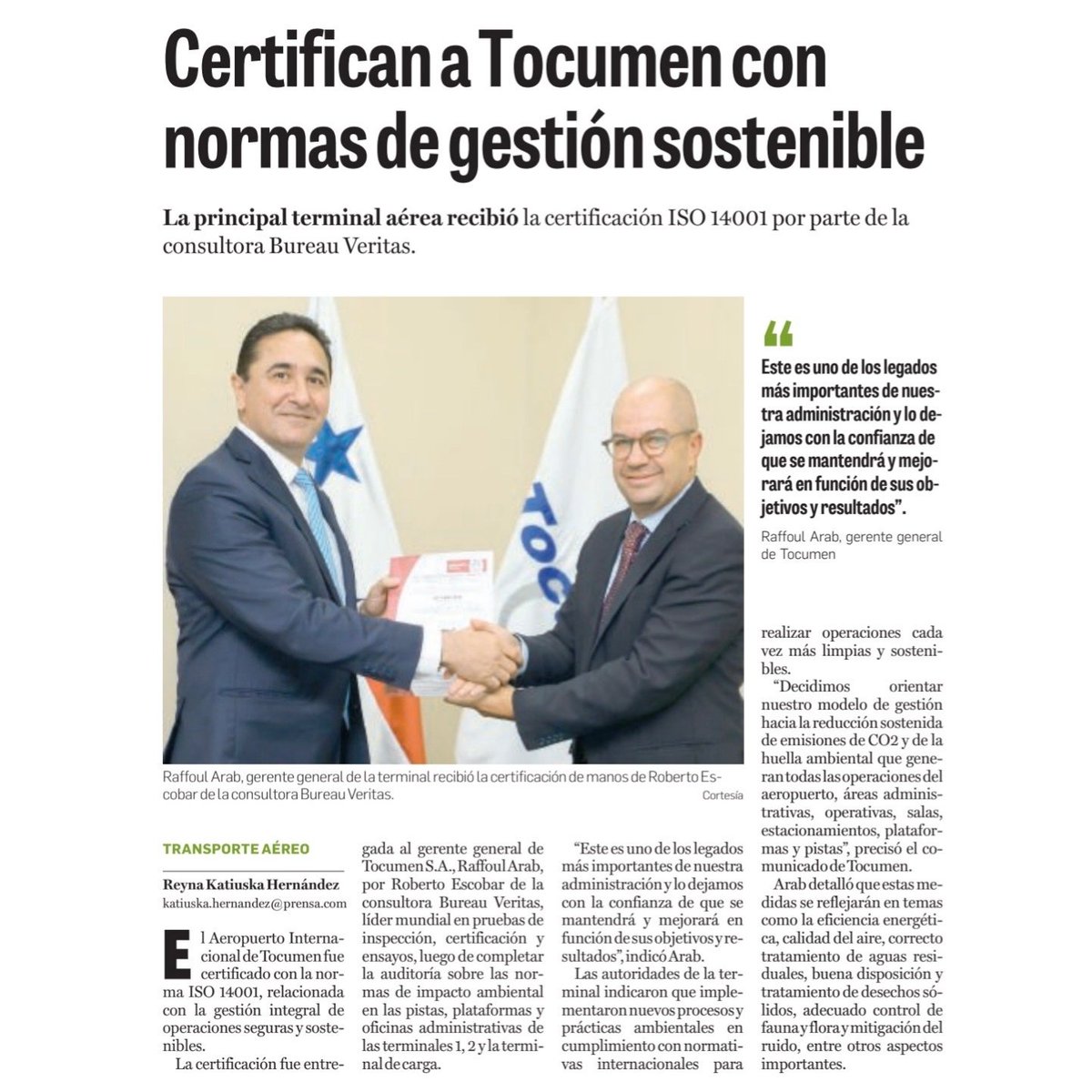 Estamos muy orgullosos de recibir la acreditación ISO 14001 que da fe del esfuerzo y enfoque de <a href="/tocumenaero/">Aeropuerto Internacional de Tocumen</a> en una gestión integral, sostenible y productiva.

Este es apenas un paso en el interminable y desafiante camino que hemos iniciado. Gracias a todo el equipo ✈️👏🏼