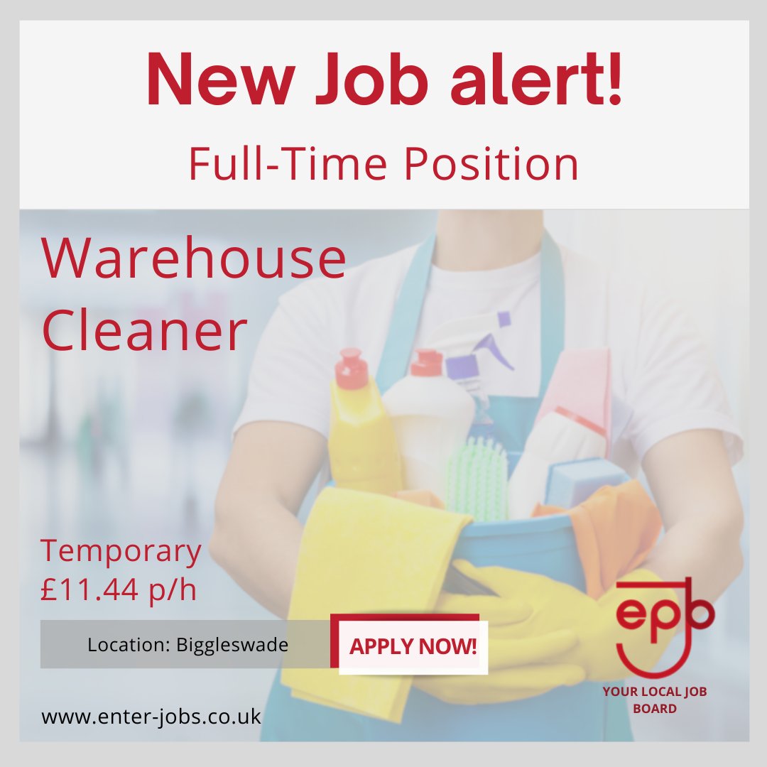 Enterprise Personnel are seeking a temporary Warehouse Cleaner for their client in Biggleswade. 
Please call Karen from Enterprise Personnel at 01767 601420!

#warehousejobs #warehousework #warehousecleaner #cleaners #cleaningjobs #newjobalert #biggleswade #bedfordshire