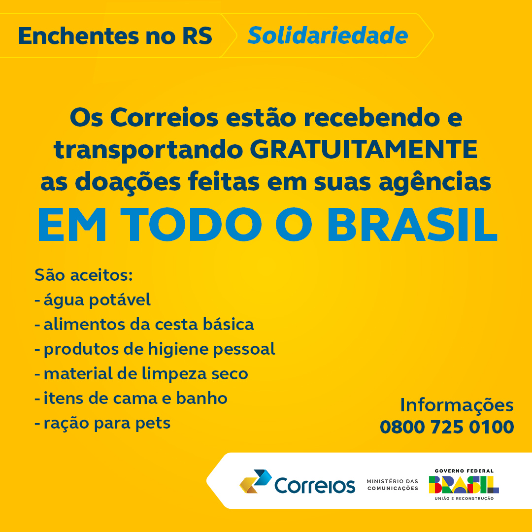 🚨🚨ATENÇÃO! Os Correios expandiram o recebimento de doações para as agências de todo o Brasil! 💙💛 Com a ampliação, mais de 10 mil unidades em todo o País passam a receber doações.