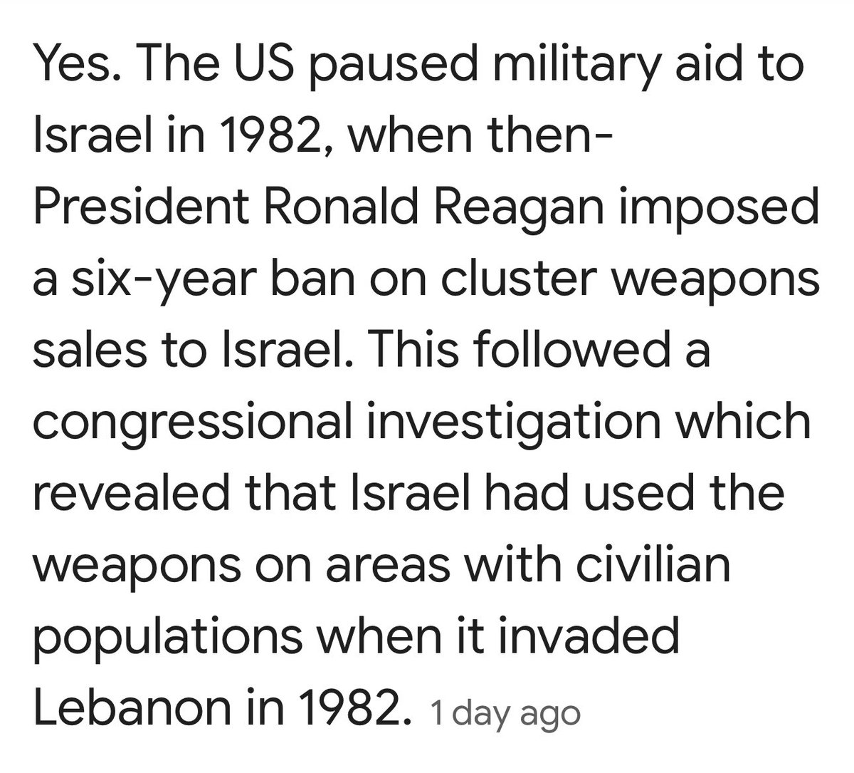 Thank you, President Biden for adhearing to the principle set by Ronald Reagan in 1982 that the United States shouldn’t send Israel bombs when they are using them to kill civilians.