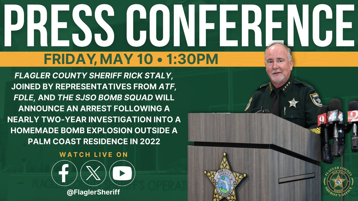 Sheriff Rick Staly, joined by representatives from the @ATFHQ, @fdlepio, and the @TeamSJSO Bomb Squad, will be holding a press conference today at 1:30pm to announce an arrest following a nearly two-year investigation into a homemade bomb explosion outside a Palm Coast residence…