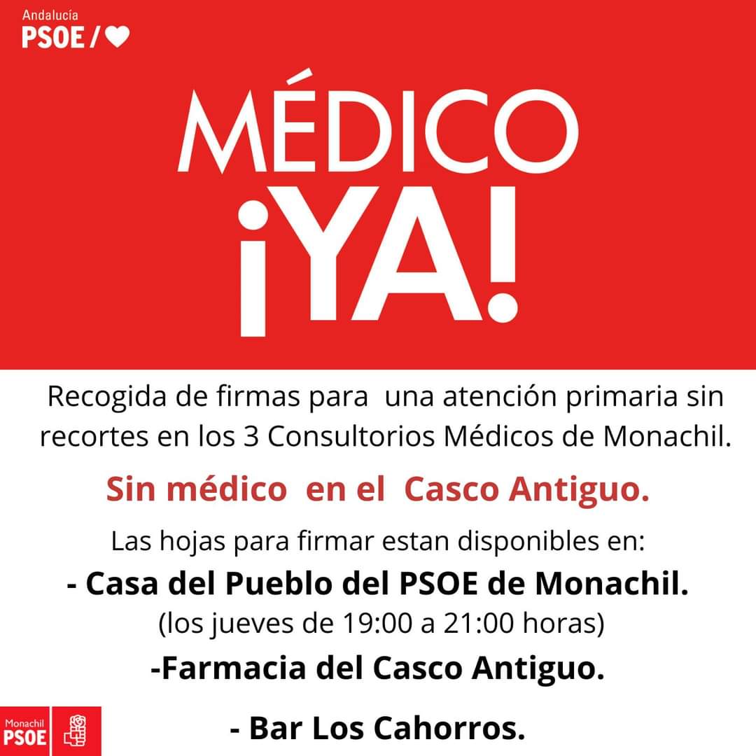 📝 Iniciamos de nuevo recogida de firmas  para  una atención primaria sin recortes en los 3 Consultorios Médicos de Monachil.

Continuamos sin médico en el consultorio del Casco Antiguo de Monachil.
#sanidadpública
 #MédicoYa

<a href="/PsoeGranada/">PSOE Granada</a>