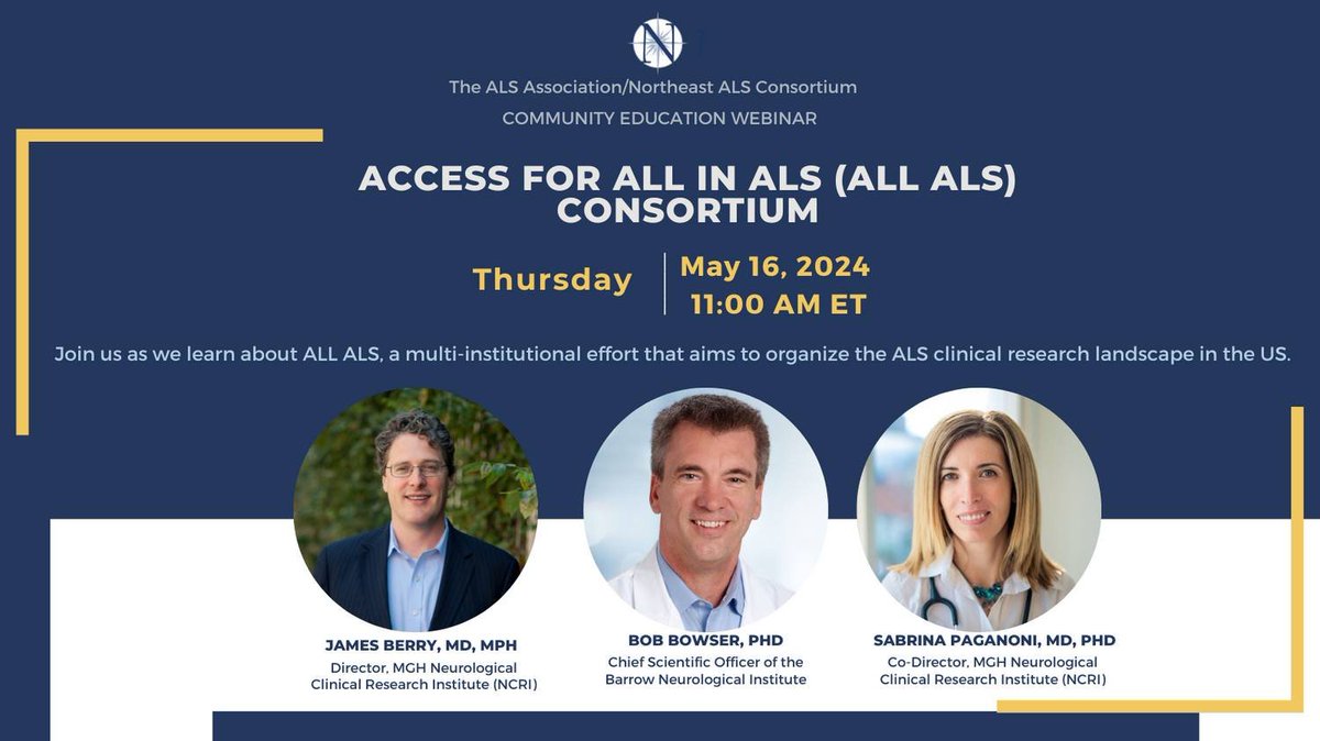 aVoice4ALS's tweet photo. Q:  How do we speed up #ALS drug development & approvals? 
 A:  Gather more data from more people in the "ALL ALS" study.

⬇️Register for this NEALS webinar on May 16 at 11 ET to learn about the "ALL ALS" study.
https://t.co/aqrYwXnBDG

"ALL ALS" is the result of the #ACTforALS, which 1000s in the ALS community fought to pass.   With ACT for ALS legislation & Congressional appropriations, NIH funded the “ALL ALS” consortium to collect, organize & optimize ALS clinical research in the US.  

The study will collect & store a wide range of data from:
🔹People living with ALS (symptomatic cohort)
🔹Asymptomatic ALS gene carriers
🔹Healthy controls with no risks or symptoms for ALS 

Collected data will include:
🔹 Biofluids to identify & validate ALS biomarkers
🔹 Genomic tissue
🔹 Digital biomarkers 
🔹 Longitudinal clinical data

Importantly, to speed up getting #DrugsinBodies, biomarkers are critical to utilize the FDA's Accelerated Approval pathway. 

Thx to my crew who did 100s of Congressional zooms & to the NME community who sent tens of thousands of emails to help get this Bill passed.  This study is happening because of YOU!

@klink52 @LorriCav @KandySimons @BridgetRebecca4 @biggMoe_effALS @nicolecimbura @Smithstrongmom1
Mayank  & @Mayuri_Saxena @JamieRoseBerryy @sandymorris333 @PatriciaManhar1 @Robdback @MinoShah

ALL ALS is the culmination of decades of ALS research collaborations by top investigators across the US.  But it was made a reality by the ACT for ALS -- which was passed because of the commitment & perseverance of the #ALS community & because of the support of our Congressional Caucus members like @RepMikeQuigley @RepAnnaEshoo, @rosadelauro, @JeffFortenberry (Reyn Archer), @ChrisCoons, @lisamurkowski, @SenatorBraun & @SenSchumer.  Working together we are going to change the future of ALS.

The ALL ALS consortium will be run by 2 coordinating centers at @BarrowNeuro  & @MGHNeurology, with clinical sites across the US.  Join the webinar to learn more!

#EndALS #ALSawarenessmonth
#ALSAwareness