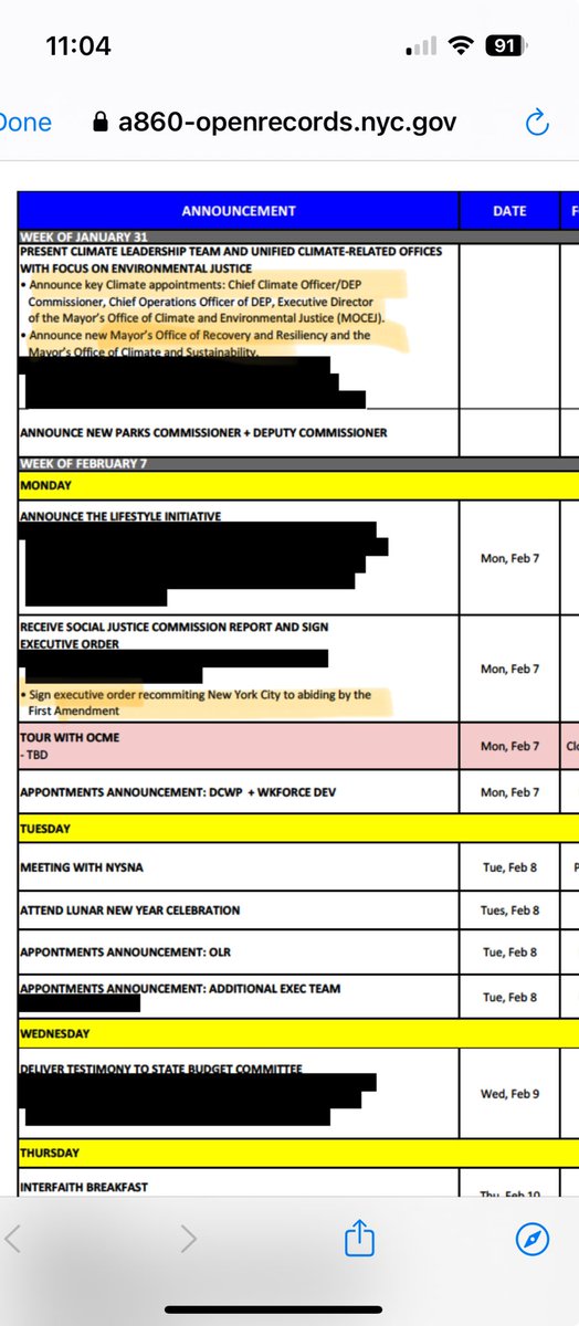 Since it’s FOIL Friday, a short thread on the outlandish redactions the mayor’ office made to my request for his 100-day plan. The stuff highlighted in orange was unredacted only after I filed an appeal. And it’s the most innocuous stuff