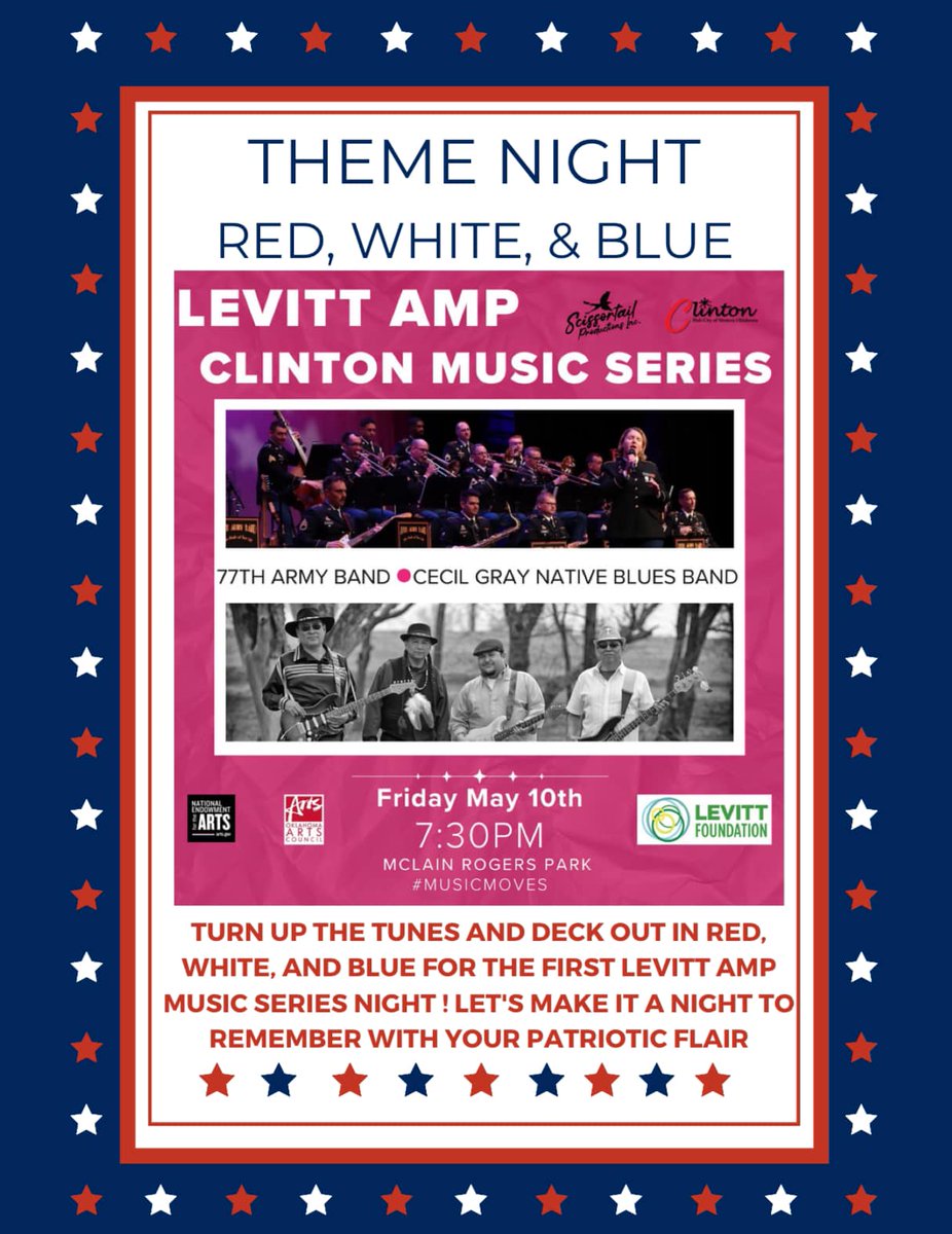 NewstalkKCLI's tweet photo. The Levitt AMP Clinton Music Series kicks off tonight at McLain Rogers Park in Clinton. The performers include the full 77th Army Band as well as Cecil Gray. Event festivities begin at 6:30 with music starting at 7:30. The event is free to attend. #OKnews https://t.co/5s4TXCA9wM