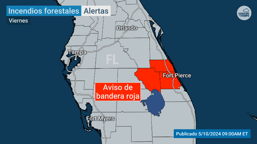 Aviso por bandera roja y vigilancia por incendios en el estado de #Florida, específicamente afectando a la ciudad de #FortPierce. Evite las actividades al aire libre que involucren hogueras y asados familiares en lugares de alto riesgo. bit.ly/48CmA85