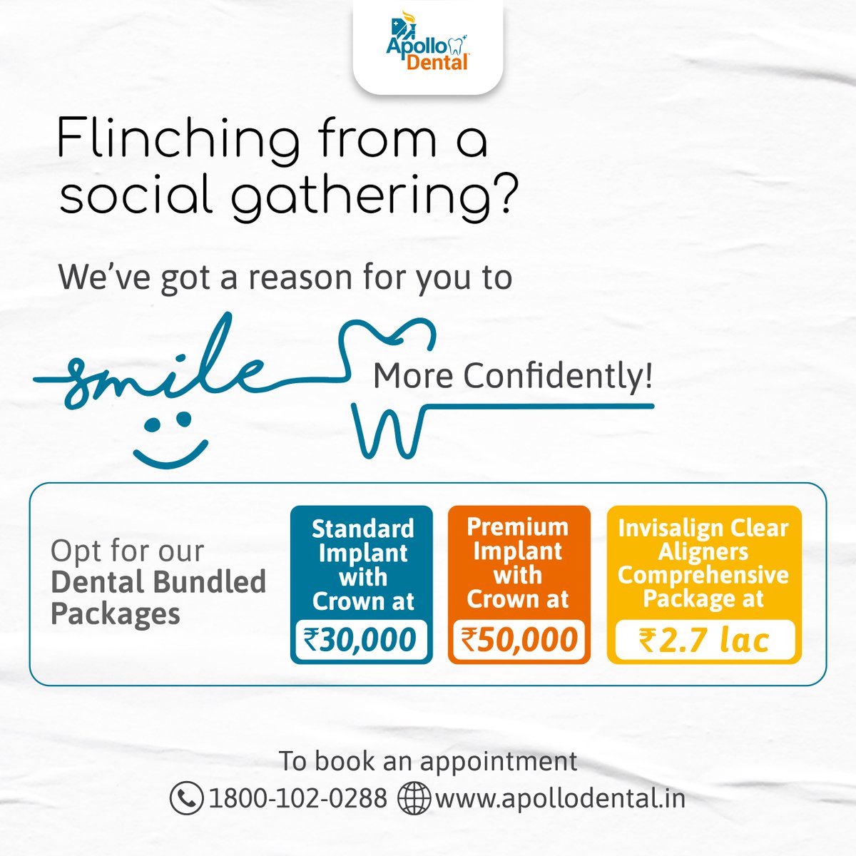 ApolloWhiteDen2's tweet image. Lack of presentation skills because of your teeth alignment? Apollo Dental Clinics offers you Dental Bundled Packages as per your requirements. To avail, book an appointment with our experts. Call 1800-102-0288

#SmileMakeover #DentalCare #TeethAlignment #ConfidentSmile