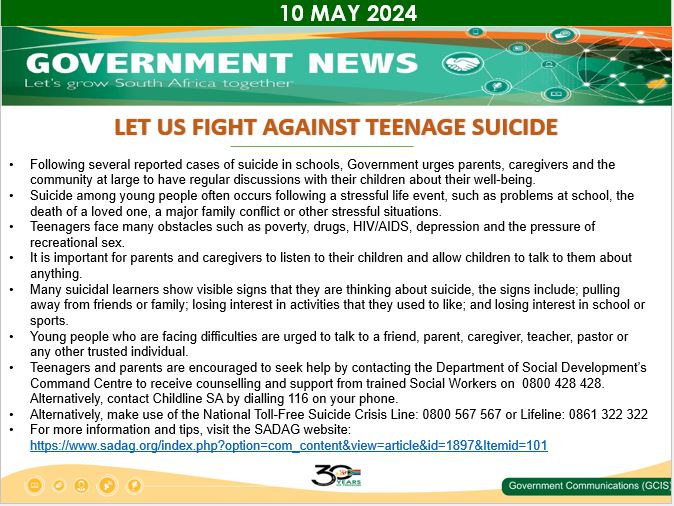 Let us fight against teenage suicide @GovernmentZA