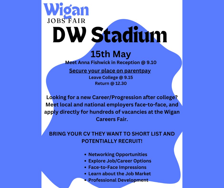 📣Calling our all our upper sixth students Are you worried about your progression? Not secured anything after college? Come with us to the DW jobs and Careers fair - bookable on parent pay Employers from leading industries will be present, bring your CV as they are looking to