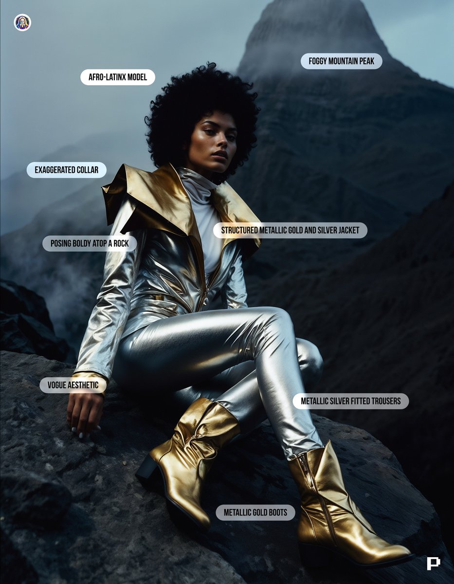 --> Prompt, Token Share + Settings: @LeonardoAi_ Prompt: Editorial fashion photography, Vogue aesthetic, Afro-Latinx model with symmetrical afro, wearing a structured metallic gold and silver jacket with exaggerated collar, metallic fitted trousers, and metallic gold boots;…