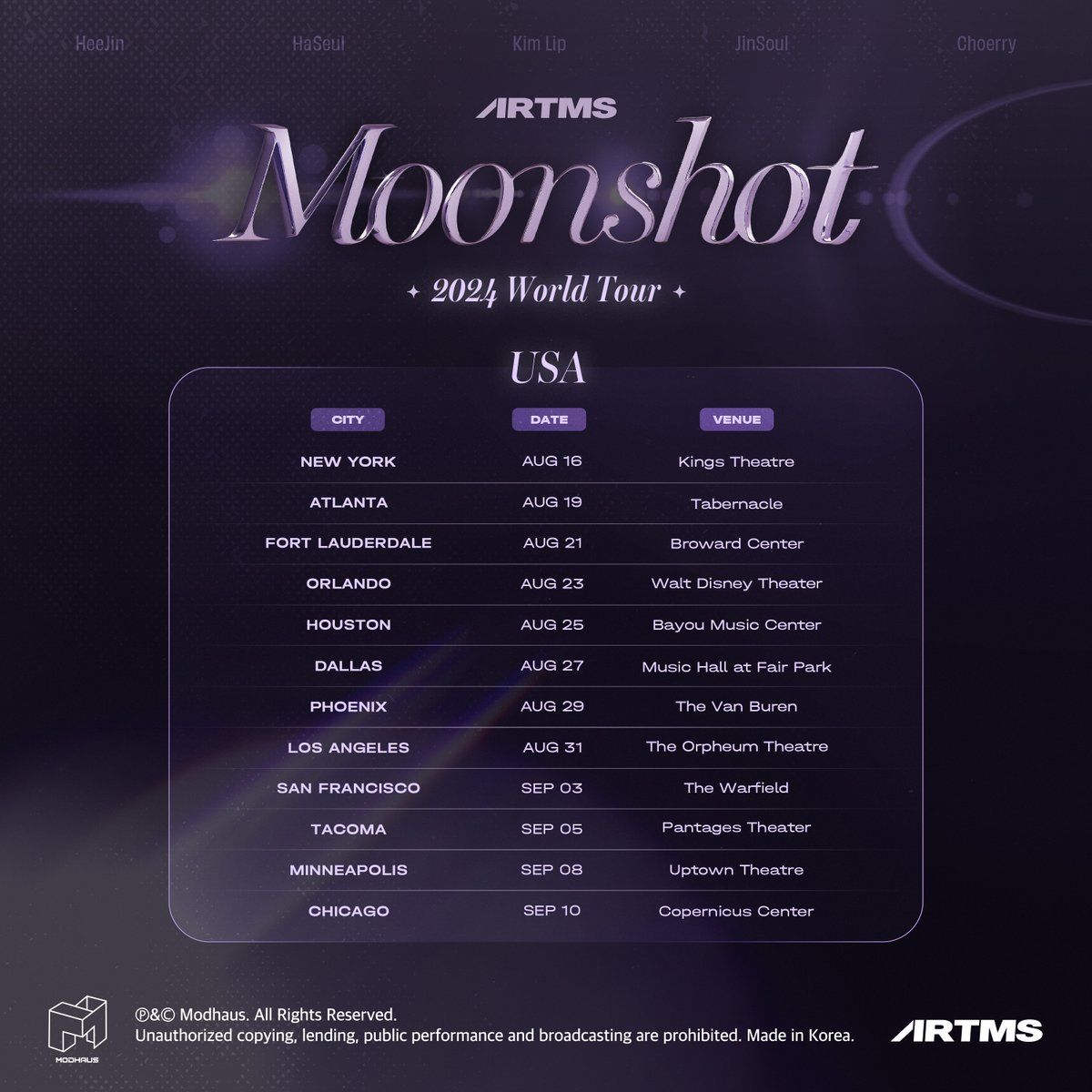 2024 ARTMS World Tour <Moonshot> in US Ticket sales : 05.17.2024 9AM PST 📍 08.16.2024 NEW YORK, NY 🔗 bit.ly/3USWutT 📍 08.19.2024 ATLANTA, GA 🔗 bit.ly/3y6oEsr 📍 08.21.2024 FORT LAUDERDALE, FL TBD 📍 08.23.2024 ORLANDO, FL 🔗 bit.ly/44EF9Ze 📍