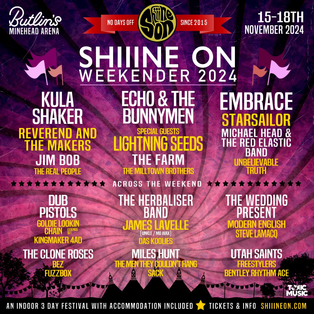 Kula Shaker are buzzing to announce their debut appearance at the ninth @ShiiineOn_ Weekender at Butlins Minehead Arena, with a headline set on Friday 15th November. Tickets are on sale now at: shiiineon.com/weekender/ #shiiiineon24 #KulaShakerLive