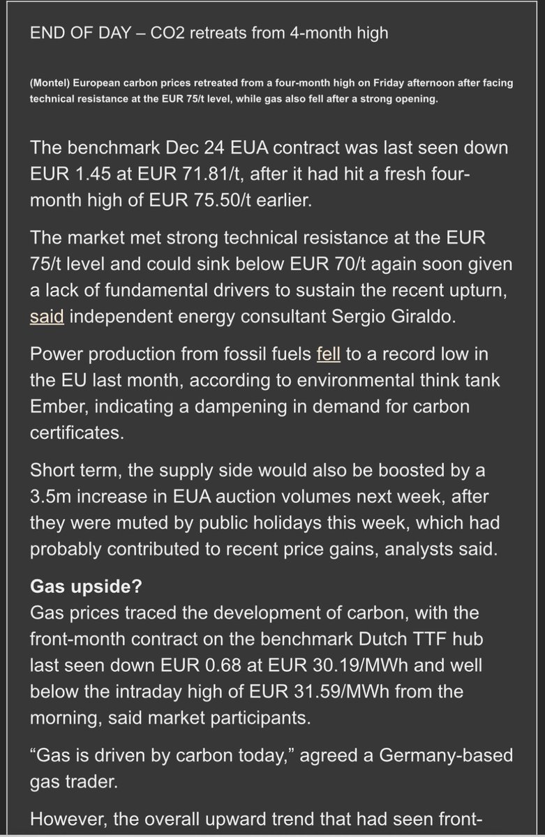 💡 Dec-24 EUA price fell to €71.59 on Friday currently confirming my comments in Montel yesterday that some downward correction is due

🐻 High auction supply next week also add pressure -resumption of auctions on Monday #OCTT #EUETS