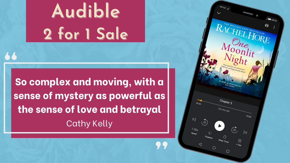 ‘Beautifully rich in period detail – an absorbing and touching story’ Erica James Listen to the captivating #OneMoonlitNight by @Rachelhore in @audibleuk's 2 for 1 Sale! Don't miss out! adbl.co/44hDGYx