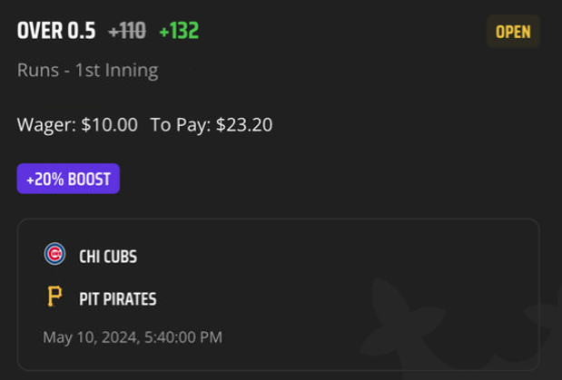 EdgePlayBook's tweet photo. #BetInPublic #SteadyEdge #DraftKings give out a 20% Profit Boost for any NRFI/YRFI #MLB today. We go with the longest odd that we can find, that is YRFI for #CubsPirates game. Fair odd is +120 for 5% EV #GamblingX #EVBetting