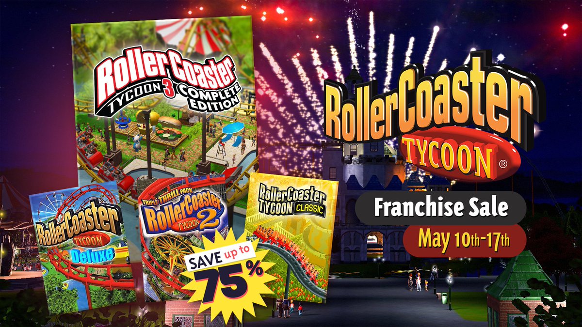 📣 RollerCoaster Tycoon 3: Complete Edition is now available DRM-free on @gogcom 🤩 Celebrate the 25th anniversary of the RollerCoaster Tycoon series with special discounts until May 17th and play them offline today! 🎆 👉 gog.pulse.ly/fqwnkeulnk