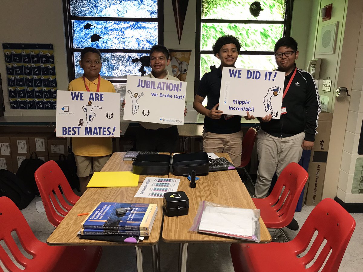 Reviewing the Legislative Branch with a Breakout Box!  This is the first group to solve the clues and open all the locks.  They used their knowledge of civics content to make light work of each task.  They are true Jedi Masters!  @IMS_Indians #UsetheForce  @breakoutEDU