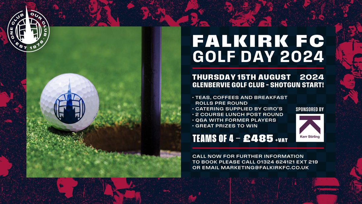 🏌️ There is space for just two teams at our rearranged Golf Day, set to take place on Thursday 15th August! The day will include breakfast and lunch in Ciro's at Glenbervie, as well as a Q&A with Tam McManus! Contact graham.carbis@falkirkfootballclub.co.uk for more information.