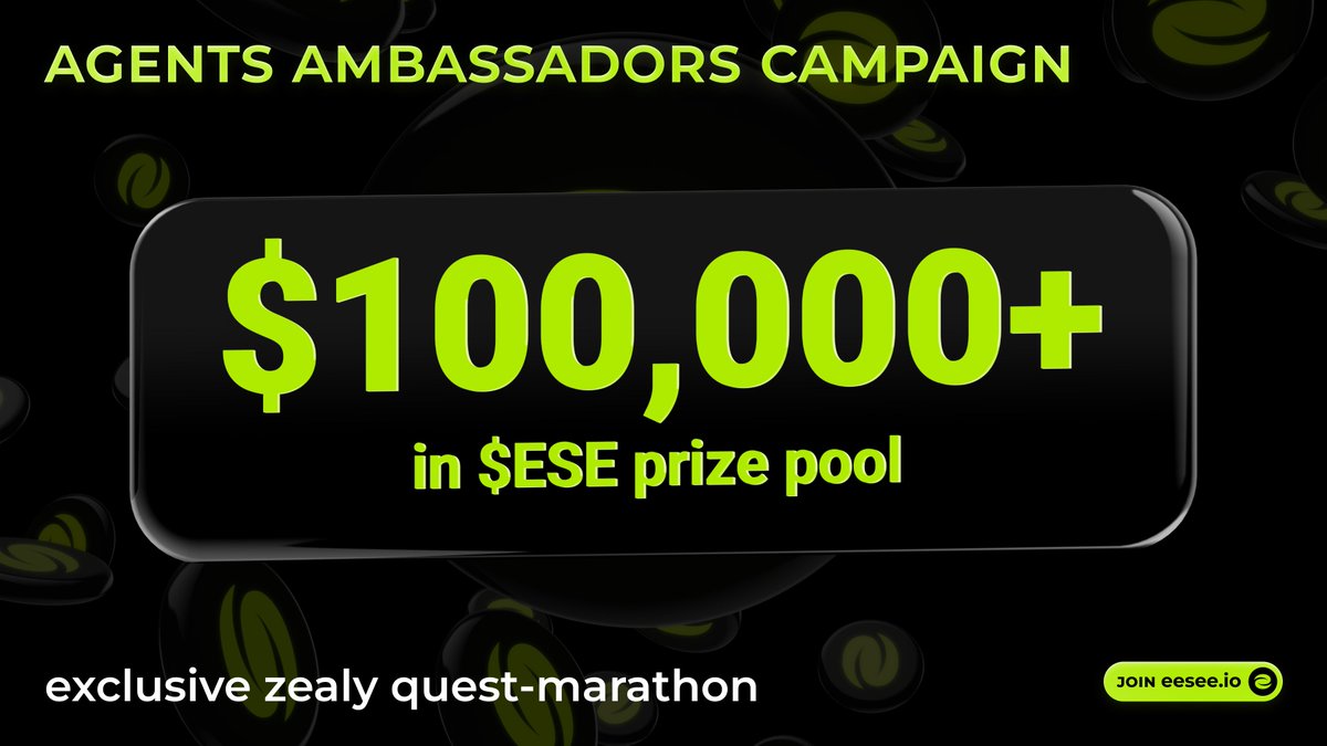 $100,000+ in $ESE for Agents Ambassadors! 🚀

Today we're launching a special campaign for our Ambassadors within Rewards Season 2- zealy.io/cw/eeseeagenta…

✅ Get ready for Zealy Quest- Marathon with a crazy reward - $100,000 in $ESE

🏆 2,000 most active Ambassadors will share