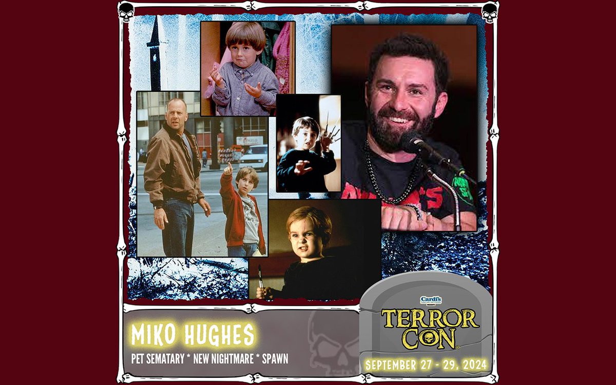 Please welcome @MikoHughes to #TerrorCon2024! He's known for his child-actor roles such as Gage Creed in #PetSematary, Joseph in Kindergarten Cop, Jeffrey Lovell in Apollo 13, Zack in #Spawn, Simon Lynch in Mercury Rising, and Dylan in Wes Craven's #NewNightmare. Buy tickets now!