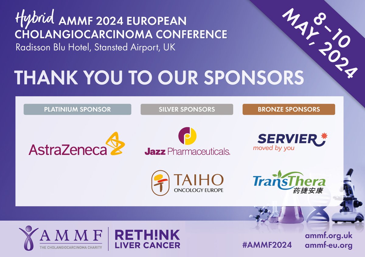 We would like to thank all sponsors of #AMMF’s Hybrid 2024 European #Cholangiocarcinoma Conference: @AstraZeneca @JazzPharma @TaihoOncology @Servier and @TransThera. We look forward to future partnerships. #AMMF2024 #LiverTwitter #cholangiocarcinoma