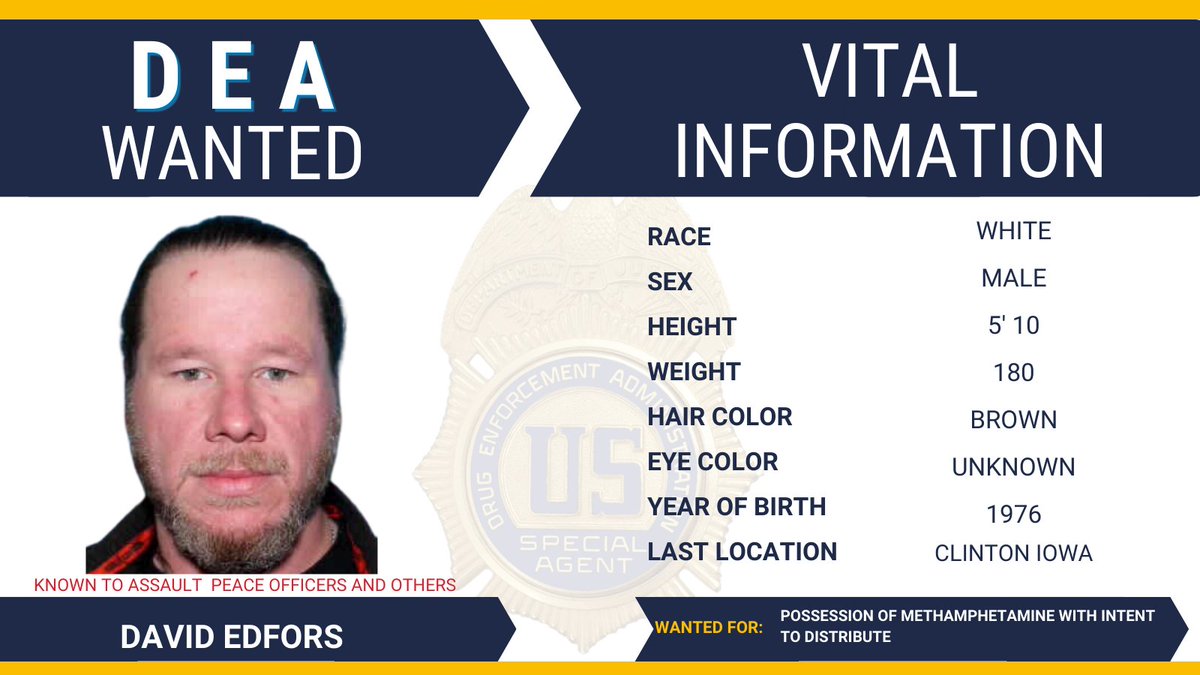 #FugitiveFriday: @DEAOmahaDiv is looking for David Edfors, wanted for possession of Methamphetamine with intent to distribute. Learn more about this fugitive and find out about submitting a tip to the @USMarshalsHQ at dea.gov/fugitives/davi…