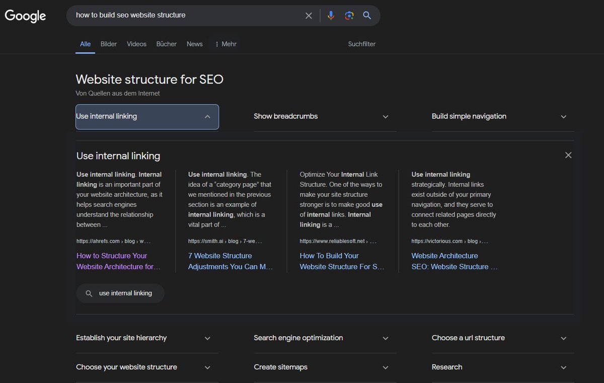 seo_leo's tweet image. Da Google anscheinend nicht genau versteht, was mit 'how to build SEO website structure' gemeint ist, werden Links in Kategorien angeboten. 22 Subthemen mit ihren jeweils 2-4 Links. Nice. #googleserp
