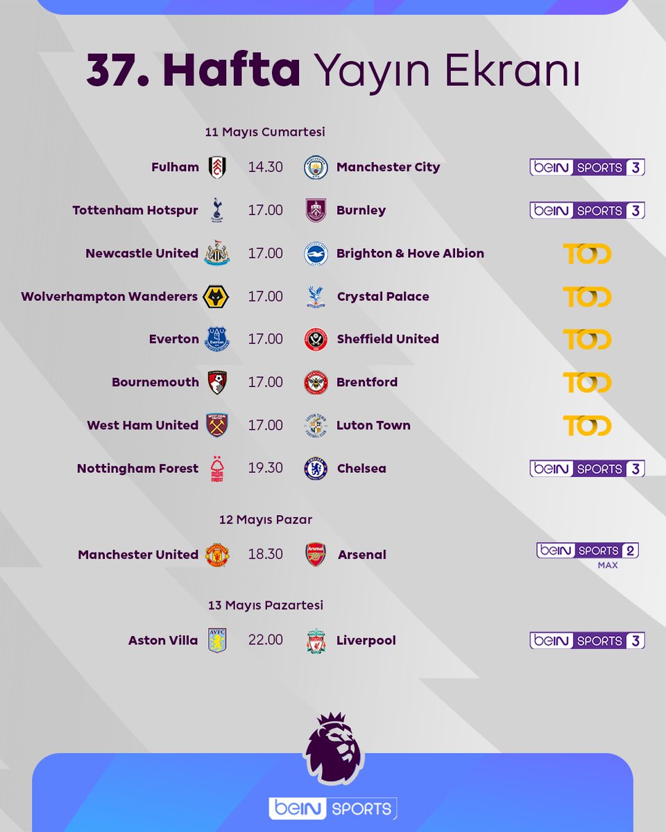 🏴󠁧󠁢󠁥󠁮󠁧󠁿 Premier League'de 37. hafta! #PL 🔜 Manchester United x Arsenal 🔜 Aston Villa x Liverpool 📺 Yayın ekranı. | #beINSPORTS